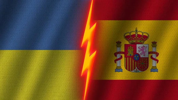 西班牙和乌克兰国旗在一起 波威织物纹理效果 霓虹灯效果 闪光雷声图标 危机概念 3D插图 — 图库照片