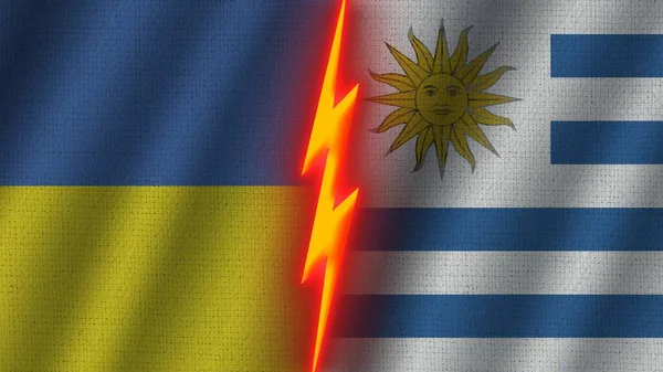 Uruguay Ukraine Flags Together Wavy Fabric Texture Effect Neon Glow — стокове фото