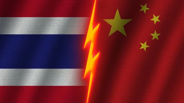 Bandeiras China Tailândia Juntas Efeito Textura Tecido Ondulado Efeito Brilho — Fotografia de Stock