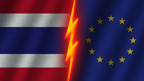 Bandeiras União Europeia Tailândia Juntas Efeito Textura Tecido Ondulado Efeito — Fotografia de Stock