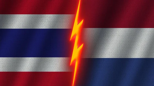 Nederländerna Och Thailand Flaggor Tillsammans Vågig Tyg Textur Effekt Neon — Stockfoto