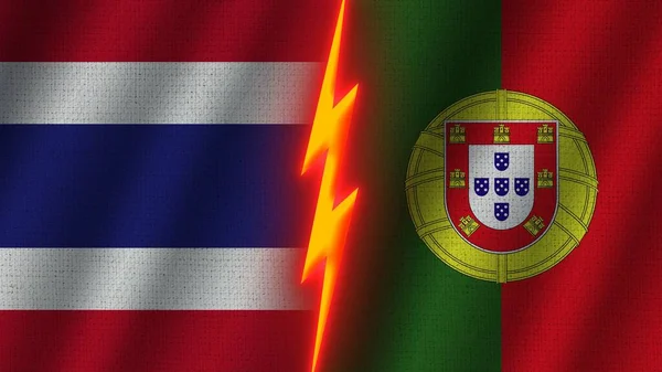ポルトガルとタイの国旗一緒に 波織物テクスチャ効果 ネオングロー効果 輝く雷アイコン 危機の概念 3Dイラスト — ストック写真