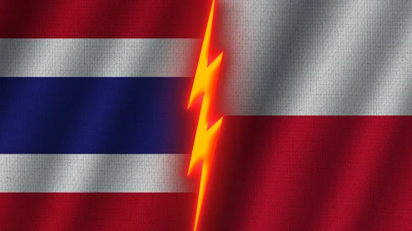 Polsko Thajsko Vlajky Dohromady Vlnité Textury Efekt Neonové Záře Efekt — Stock fotografie