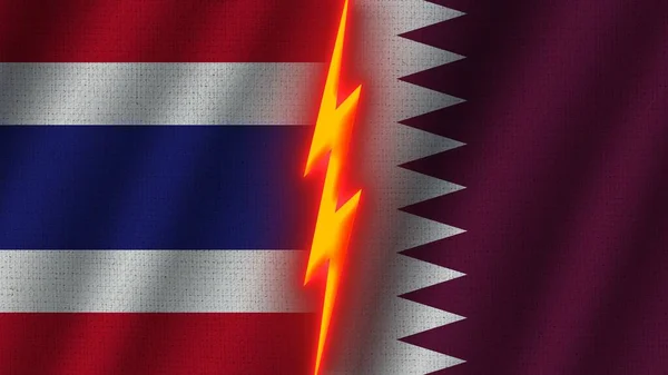 Katar Und Thailand Flaggen Zusammen Wellengewebe Textur Effekt Neon Glow — Stockfoto