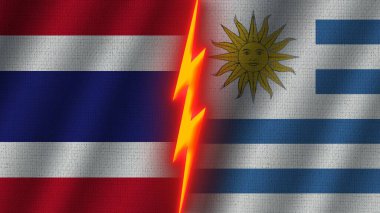 Uruguay ve Tayland Bayrakları Birlikte, Dalgalı Kumaş Doku Efekti, Neon Parıltısı Efekti, Parlayan Şimşek Simgesi, Kriz Kavramı, 3D İllüstrasyon