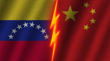 Çin ve Venezuela Bayrakları Birlikte, Dalgalı Kumaş Doku Efekti, Neon Parıltısı Efekti, Parlayan Şimşek Simgesi, Kriz Konsepti, 3D İllüstrasyon