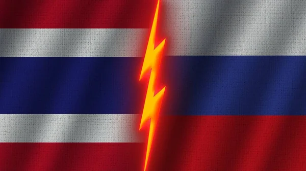 Ryssland Och Thailand Flaggor Tillsammans Vågig Tyg Textur Effekt Neon — Stockfoto