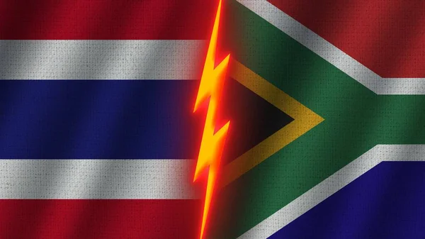 Sydafrika Och Thailand Flaggor Tillsammans Vågig Tyg Textur Effekt Neon — Stockfoto