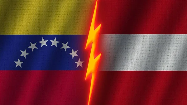 奥地利和委内瑞拉国旗在一起 瓦伊织物纹理效果 霓虹灯效果 闪光雷声图标 危机概念 3D插图 — 图库照片