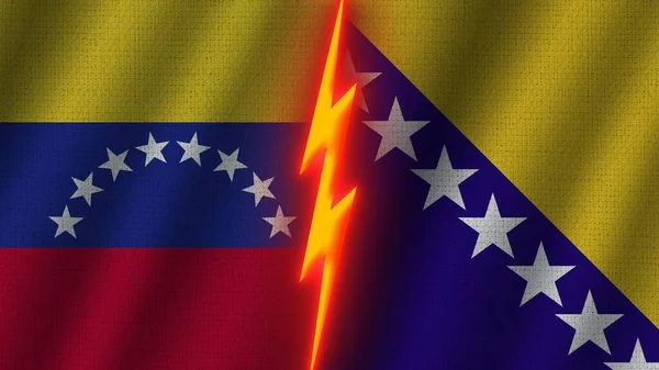 波斯尼亚和黑塞哥维那与委内瑞拉国旗连在一起 波威织物纹理效果 霓虹灯效果 闪光雷声图标 危机概念 3D插图 — 图库照片