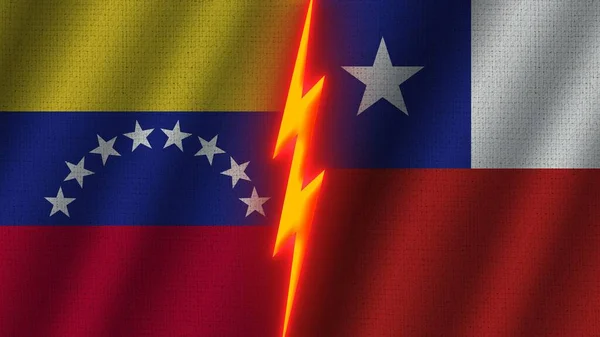智利和委内瑞拉国旗在一起 瓦伊织物纹理效果 霓虹灯效果 闪光雷声图标 危机概念 3D插图 — 图库照片