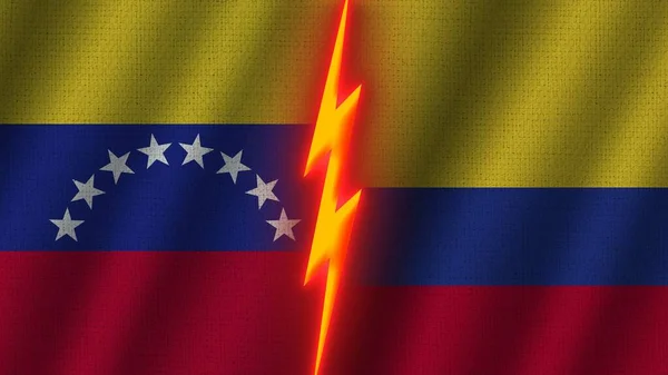 Colombia Venezuela Flags Together Wavy Fabric Texture Effect Neon Glow — 스톡 사진