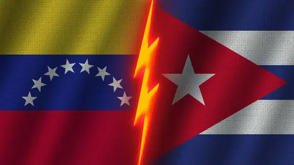 古巴和委内瑞拉国旗在一起 瓦伊织物纹理效果 霓虹灯效果 闪光雷声图标 危机概念 3D插图 — 图库照片