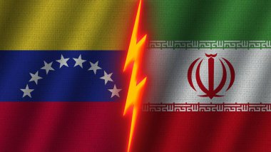 İran ve Venezuela Bayrakları Birlikte, Dalgalı Kumaş Doku Efekti, Neon Parıltısı Efekti, Parlayan Şimşek Simgesi, Kriz Konsepti, 3D İllüstrasyon
