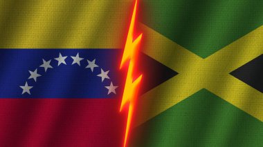Jamaika ve Venezuela Bayrakları Birlikte, Dalgalı Kumaş Doku Efekti, Neon Parıltısı Efekti, Parlayan Şimşek Simgesi, Kriz Konsepti, 3D İllüstrasyon
