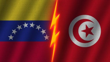 Tunus ve Venezuela Bayrakları Birlikte, Dalgalı Kumaş Doku Efekti, Neon Parıltısı Efekti, Parlayan Şimşek Simgesi, Kriz Konsepti, 3D İllüstrasyon