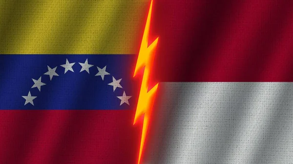 印度尼西亚和委内瑞拉国旗在一起 瓦伊织物纹理效果 霓虹灯效果 闪光雷声图标 危机概念 3D插图 — 图库照片