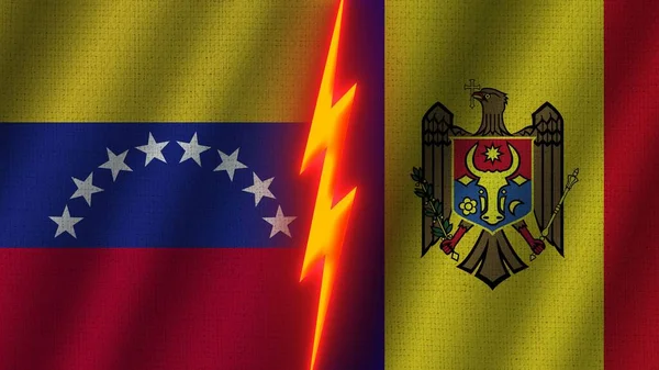 Moldova Venezuela Flags Together Wavy Fabric Texture Effect Neon Glow — 图库照片