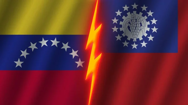 Myanmar Burma Venezuela Flags Together Wavy Fabric Texture Effect Neon — 图库照片