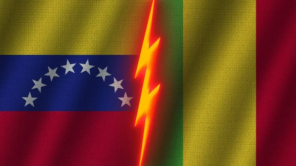 马里和委内瑞拉国旗在一起 瓦伊织物纹理效果 霓虹灯效果 闪光雷声图标 危机概念 3D插图 — 图库照片