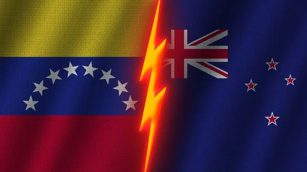 新西兰和委内瑞拉国旗在一起 波纹织物效果 霓虹灯效果 闪光雷声图标 危机概念 3D插图 — 图库照片