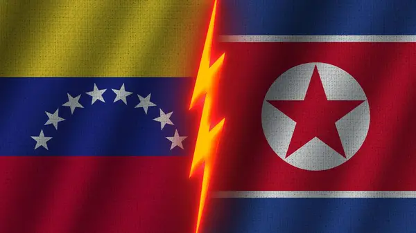 朝鲜和委内瑞拉国旗在一起 瓦伊织物纹理效果 霓虹灯效果 闪光雷声图标 危机概念 3D插图 — 图库照片