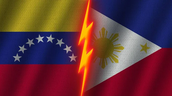 菲律宾和委内瑞拉国旗在一起 波威织物纹理效果 霓虹灯效果 闪光雷声图标 危机概念 3D插图 — 图库照片