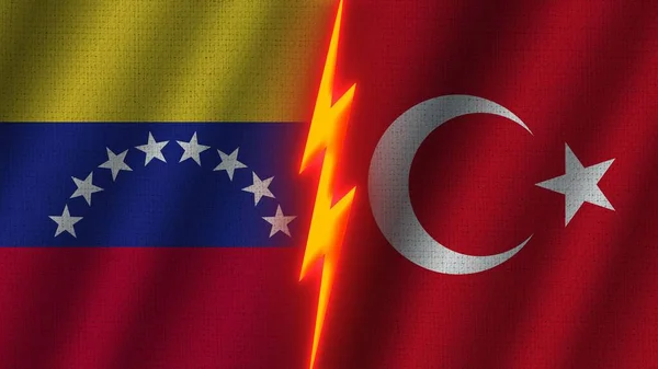 土耳其和委内瑞拉国旗在一起 瓦伊织物纹理效果 霓虹灯效果 闪光雷声图标 危机概念 3D插图 — 图库照片