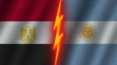 Arjantin ve Mısır Bayrakları Birlikte, Dalgalı Kumaş Doku Efekti, Neon Parıltısı Efekti, Parlayan Şimşek Simgesi, Kriz Konsepti, 3D İllüstrasyon