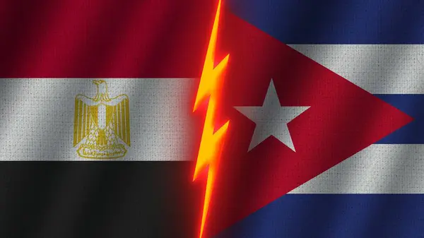Kuba Und Ägypten Flaggen Zusammen Wellengewebe Textur Effekt Neon Glow — Stockfoto