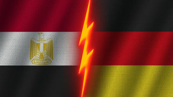 采购产品德国和埃及旗帜在一起 波威织物纹理效果 霓虹灯效果 闪光雷声图标 危机概念 3D说明 — 图库照片