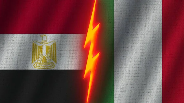 Italien Und Ägypten Flaggen Zusammen Wellengewebe Textur Effekt Neon Glow — Stockfoto