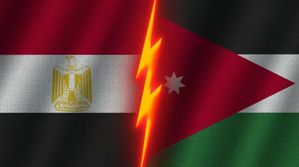 Jordanien Und Ägypten Flaggen Zusammen Wellengewebe Textur Effekt Neon Glow — Stockfoto