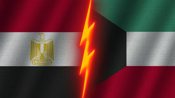 クウェートとエジプトの旗一緒に 波織物テクスチャ効果 ネオングロー効果 輝く雷アイコン 危機の概念 3Dイラスト — ストック写真
