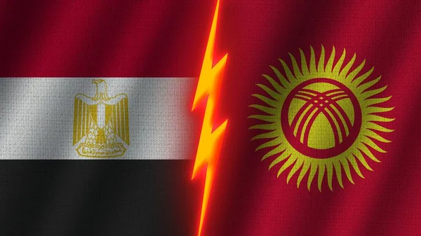 Kyrgyzstan Egypt Flags Together Wavy Fabric Texture Effect Neon Glow — Stock Photo, Image