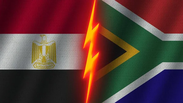 Sydafrika Och Egypten Flaggor Tillsammans Vågigt Tyg Textur Effekt Neon — Stockfoto