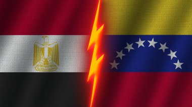 Venezuela ve Mısır Bayrakları Birlikte, Dalgalı Kumaş Doku Efekti, Neon Parıltısı Efekti, Parlayan Şimşek Simgesi, Kriz Konsepti, 3D İllüstrasyon