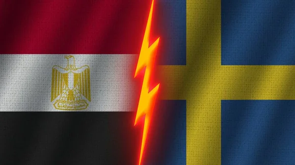 スウェーデンとエジプトの国旗一緒に 波織物テクスチャ効果 ネオングロー効果 輝く雷アイコン 危機の概念 3Dイラスト — ストック写真
