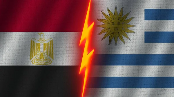 Uruguay Mısır Bayrakları Birlikte Dalgalı Kumaş Doku Efekti Neon Parıltısı — Stok fotoğraf