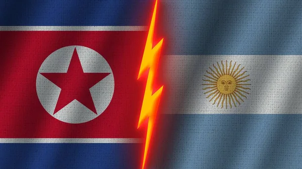 Arjantin Kuzey Kore Bayrakları Birlikte Dalgalı Kumaş Doku Efekti Neon — Stok fotoğraf