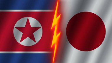 Japonya ve Kuzey Kore Bayrakları Birlikte, Dalgalı Kumaş Doku Efekti, Neon Parıltısı Efekti, Parlayan Şimşek Simgesi, Kriz Konsepti, 3D İllüstrasyon