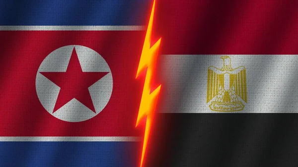 Ägypten Und Nordkorea Flaggen Zusammen Wellengewebe Textur Effekt Neon Glow — Stockfoto