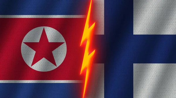 Φινλανδία Και Βόρεια Κορέα Σημαίες Μαζί Κυματιστό Φαινόμενο Ύφασμα Φαινόμενο — Φωτογραφία Αρχείου