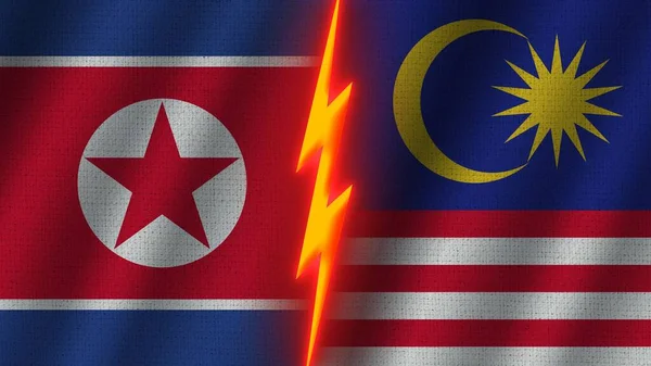 Malaysia Och Nordkorea Flaggor Tillsammans Vågiga Tyg Textur Effekt Neon — Stockfoto