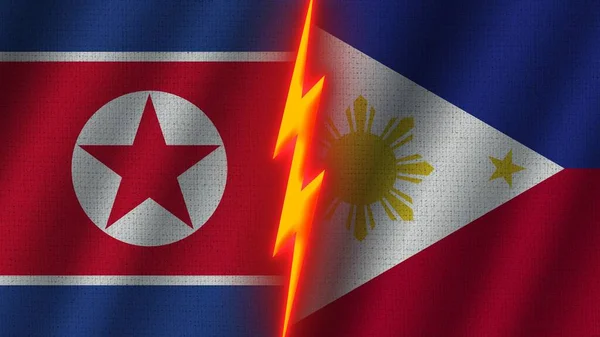 フィリピンと北朝鮮の国旗一緒に 波織物のテクスチャ効果 ネオングロー効果 輝く雷アイコン 危機の概念 3Dイラスト — ストック写真