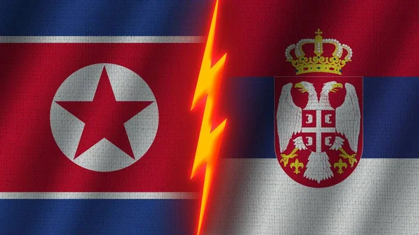 Banderas Serbia Corea Del Norte Juntas Efecto Textura Tela Ondulada — Foto de Stock