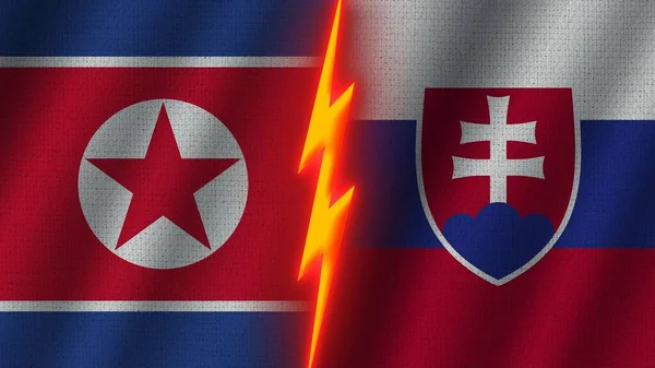 Slovakia North Korea Flags Together Wavy Fabric Texture Effect Neon — стокове фото