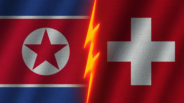 Switzerland North Korea Flags Together Wavy Fabric Texture Effect Neon — Stock Photo, Image