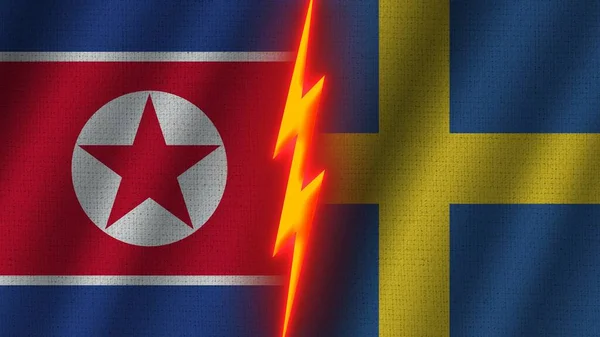 Suécia Coreia Norte Bandeiras Juntas Efeito Textura Tecido Ondulado Efeito — Fotografia de Stock
