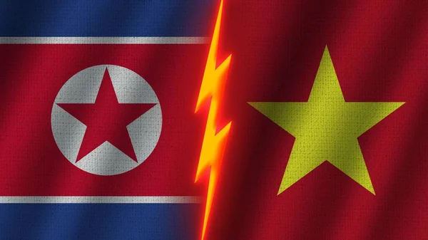 Vietnam Och Nordkorea Flaggor Tillsammans Vågiga Tyg Textur Effekt Neon — Stockfoto